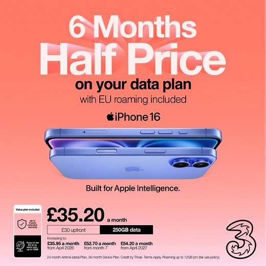 143K views | Get iPhone 16 and get 6 months half price on your data plan with EU roaming included. | Three UK | Facebook