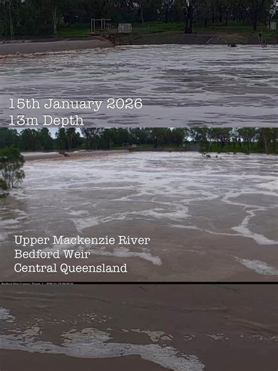 15/1/26 This timelapse shows Bedford Weir on the Mackenzie River completely submerged. The Mackenzie is a major headwater of the Fitzroy River, draining a vast inland catchment across central Queensland. With the weir overtaken, the system shifts into full transfer, moving sustained volumes steadily downstream. As this water reaches Rockhampton, tidal influence near the coast slows drainage, allowing river levels to rise gradually and remain elevated. A moderate Flood Warning is current for Rock