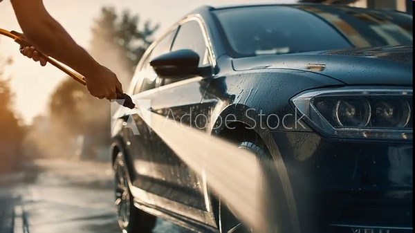 Car Wash in Action: A close-up view captures the powerful stream of water as it washes over a sleek car, revealing cleanliness and care.
