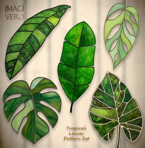 Tropical Leaves Stained Glass Pattern Set PDF Monstera Banana Alocasia Leaf - Etsy