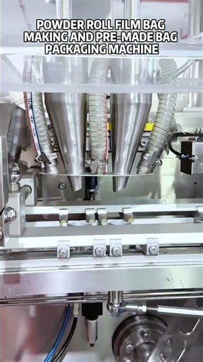 Powder packaging machine using roll film and pre-made bags
