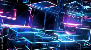 Neon cube s creating futuristic digital connection in abstract motion background, 4k footage