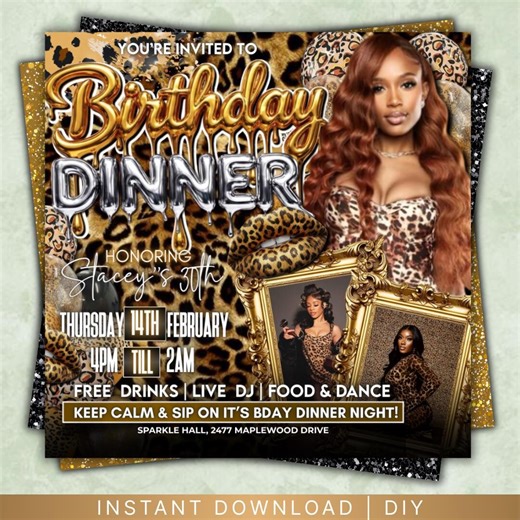 Leopard Print Birthday Flyer, Gold Dinner Invitation, Social Media Evite, DIY Birthday Party Template, Party Flyer Invite, Canva Editable - Etsy
