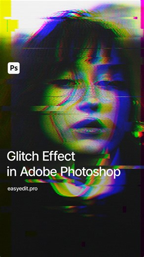 EasyEdit - Design Resources & Tutorials on Instagram: "Create this Glitch effect in Photoshop! Add an Unsharp Mask to your image and set the values as they seem best. Add Curves and Black&White adjustments. Convert layers to a smart object and duplicate them. Call them Red, Green, Blue. Leave only a corresponding color channel in the blending options. Shift the layers and convert them to a smart object. Add a white solid and a halftone pattern to it. Save it as a .PSD file. Select the image laye
