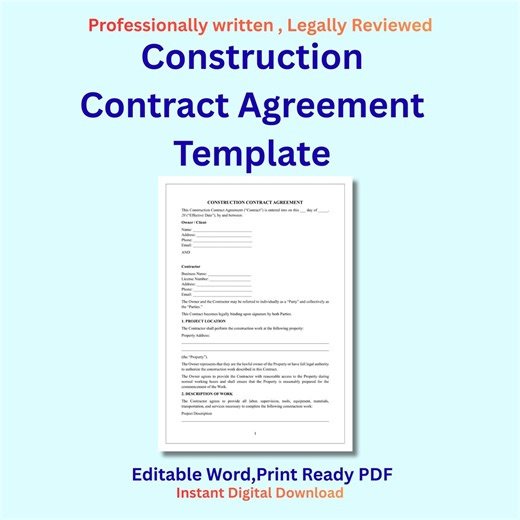Construction Contract Agreement Template | Editable Builder Contract | Construction Agreement Form | Contractor Client Contract - Etsy