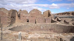 Remains of Pueblos, Great Chacoan Prehistoric Stone Houses in Chaco Culture National Historic Park, New Mexico USA, Panorama, Full Frame