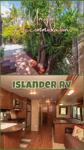 FUN ACCOMMODATION - MEET "RV ISLANDER" At Sunset Cove we are more than cute cottages and suites! This cool RV features a split layout with a queen bedroom and bedroom with 2 twins at the opposite end of the RV. Tucked amidst tropical foliage it's just a short stroll down to our cozy private beach. 🏖🌞 Look / Book: SunsetCoveBeachResort.com | Sunset Cove Beach Resort