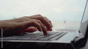 Woman hand using laptop to work study at working space in coffee cafe background. Business financial, trade stock maket and social network with freedom life concept.