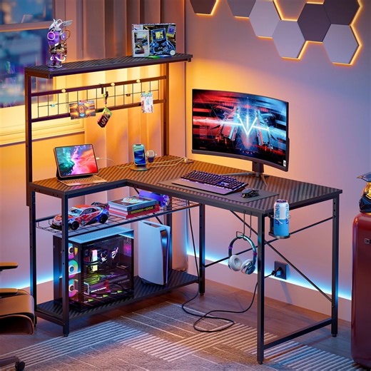 Bestier 42 inch Desk,Gaming Desk with LED Lights & Power Outlet, Reversible Office desk,L Shaped Desk with Hutch & Storage Shelves, Carbon Fiber - Walmart.com