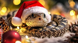 A snake wearing a Santa hat is laying on a pile of pine cones