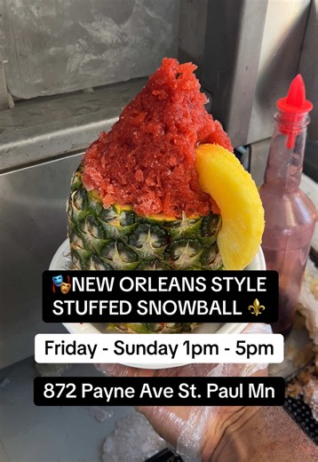 🎭New Orleans style stuffed sneaux ball in a pineapple 🍍 BOOK @Cajun Sneaux FOR YOU NEXT EVENT or FESTIVAL 📆 FRIDAY - SUNDAY 🕐1PM - 5PM 📍WELLS ST & PAYNE AVE ⚜️ REAL NOLA FLAVOR 🎭 #CajunSneaux #NewOrleansStyle #Snowballs #StPaulEats #MNPopUps #FoodTruckLife #TwinCitiesEats #FrozenTreats #NOLAFlavorUpNorth #SneauxBalls #SummerlnTheCities #BlackOwnedBusiness #FamilyFriendlyFun #SupportLocal #CajunSneauxSnowball #Hustle #snowcones #snoball #snowball #sneauxball #cajunfood #cajunsneaux #cajunsn