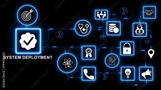 System deployment technology icons network with server cloud release icon illustrating software delivery integration and application launch process interface motion graphics 4k visuals