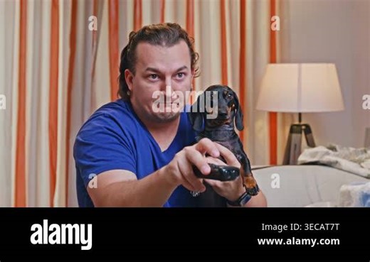 Adult man on sofa holds dachshund dog and points remote control toward camera with confident smirky expression, cozy home lifestyle, funny pet owner moment, leisure time indoors, relaxed weekend vibe Stock Video Footage - Alamy
