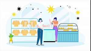 modern retail shop with two people engaging at a clothing and bakery display counter illustration business animated video