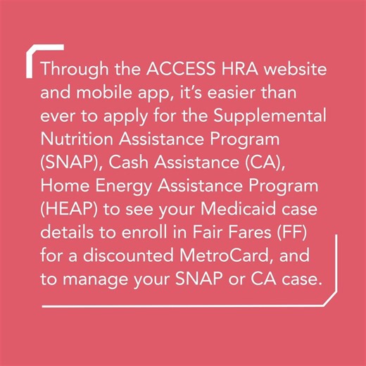 NYC Dept of Homeless Services on Instagram: "Check your SNAP or Cash Assistance application status and submit documents on the go with the #ACCESSHRA app! Learn more https://on.nyc.gov/4mBrc5I #HRAYourWay"