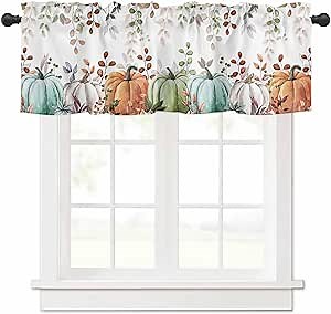 Sage Green Pumpkins Valance for Windows Fall Green Orange White Eucalyptus Leaves Rod Pocket Window Treatment Valance Thanksgiving Decorative Curtain Valance for Kitchen/Living Room/Bedroom 42x12in