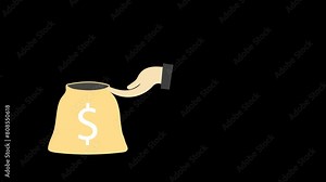 Money savings concept. animation throwing gold coins. dollar coins into a bag with hand shot in 4k resolution. 2d animation video clip, businessman hand putting dollar coin in to a money bag. cartoon