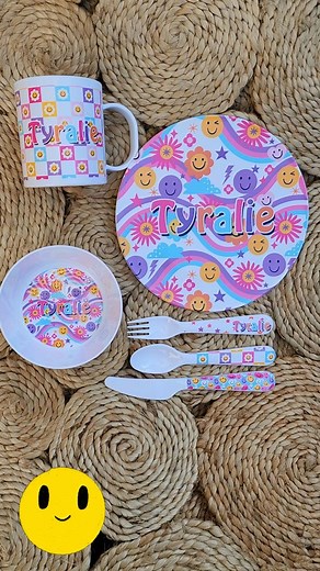 3.1K views · 2.4K reactions | Our cute new dinner set design  Our Personalised Melamine Kids Dinner Sets feature a Plate, Bowl, Knife, Fork & Spoon and the option of a cup or a mug with handles or both! They and are bright and glossy and the ultimate dinner accessory. Pair them with our matching non-slip placemats to complete our Melamine children's dinner sets. Perfect for Toddlers and Smaller Children. | SPATZ Mini Peeps | Facebook