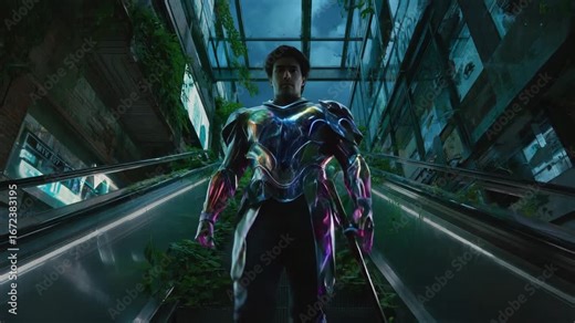 Futuristic knight with armor and a sword descends an escalator in an overgrown urban environment, depicting a dystopian future where nature reclaims the city