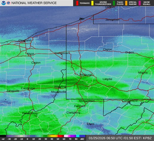 2AM radar update: As expected, snow has now filled in across most of the area and the atmosphere is well saturated allowing it to begin reaching the ground and accumulating. You can see a localized heavier area aligned west to east from Zanesville to Latrobe | US National Weather Service Pittsburgh PA