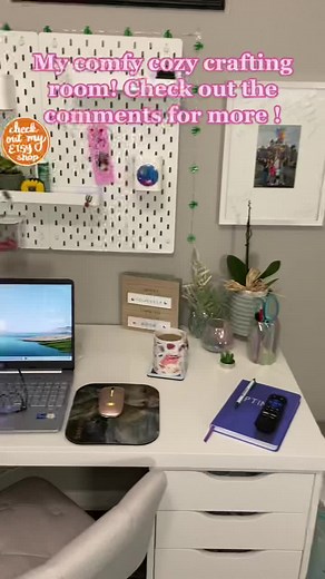 My cozy little crafting room! This is where I create all my products for my Etsy shop! #workfromhomemom #stayathomemom #shopetsy #crafty #checkoutmyetsyshop #craftroom #craftroomorganization #ikea #etsy #smallbusinessmom