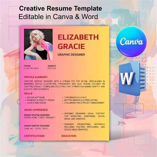 Modèle de CV de graphiste | CV créatif moderne | Modifiable dans Canvas et Word | Conception professionnelle - Etsy France
