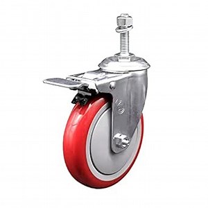 Polyurethane Swivel Threaded Stem Caster w/5" x 1.25" Red Wheel and 3/8" Stem & Total Locking Brake - 350 lbs Capacity/Caster - Service Caster Brand