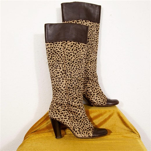 Vintage 1980s Italian Leopard Pony Hair Boots Knee High Animal Print Leather Boots