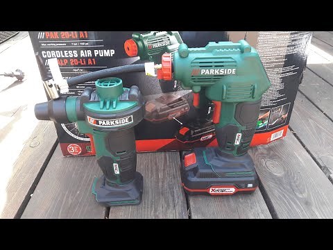 Unboxing Parkside battery compressor with Lidl Test. Compressor Pad for inflatable mattresses.