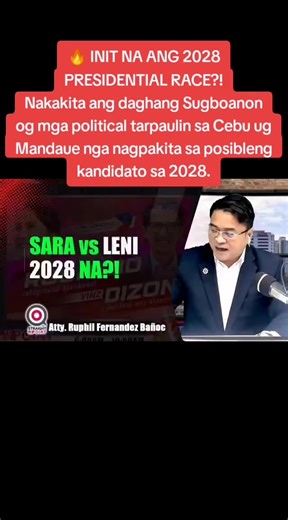 🔥 INIT NA ANG 2028 PRESIDENTIAL RACE?! Nakakita ang daghang Sugboanon og mga political tarpaulin sa Cebu ug Mandaue nga nagpakita sa posibleng kandidato sa 2028. Apil sa mga pangalan: 🇵🇭 Sara Duterte 🇵🇭 Leni Robredo 🇵🇭 Vince Dizon Pero ang mas dakong pangutana: ❓ Maghiusa ba ang Marcos administration ug Pink movement aron mapildi si Sara Duterte? Latest surveys show: 📊 Sara Duterte — 48% 📊 Leni Robredo — 28% Kung maghiusa ang administration ug opposition… ⚡ Mapildi ba nila si Sara? ⚡ O 