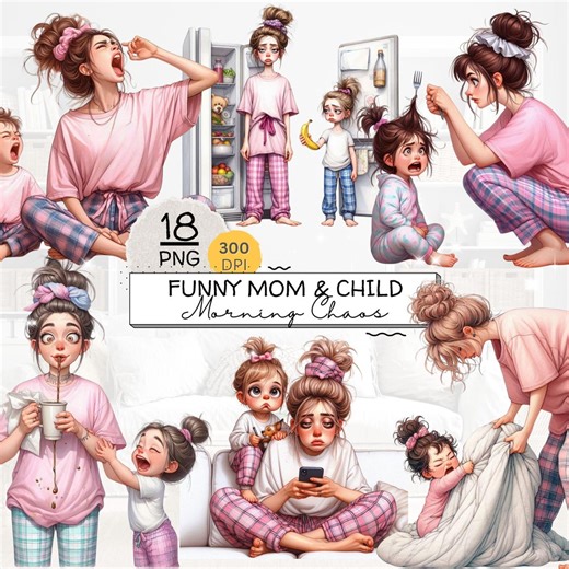 Funny Mom and Child Clipart Bundle, Morning Routine Mom Life Pngs, Cute Mother Daughter, Tired Mom Coffee, Family Cartoon, Sublimation - Etsy