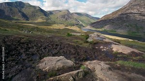 Snowdonia landscape view of the Ogwen Valley with muddy path