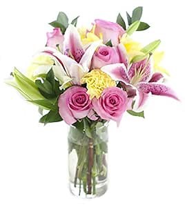 Bouquet of Pink Roses, White, Pink & Yellow Lilies, Yellow Carnations and Lush Greens with Vase