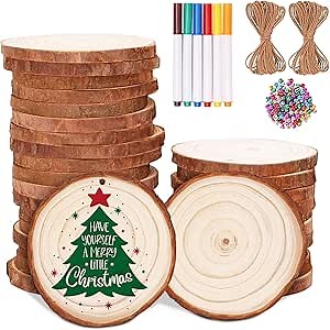Max Fun Natural Wood Slices 30PCS 3.5-4'' Crafts DIY Wooden Christmas Ornaments Unfinished Predrilled Round Wood Circles for Arts and Crafts Centerpieces Holiday Hanging Decorations