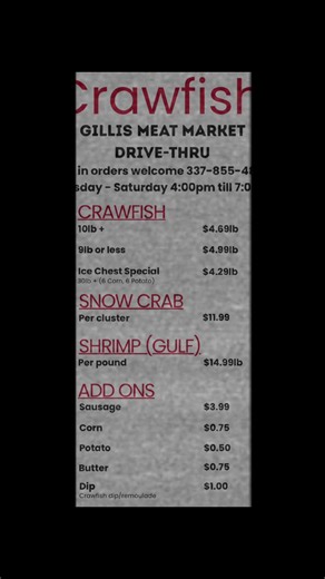 🔥PRICE DROP - THURSDAY SPECIAL ONLY🔥 🦞THURSDAY PRICE $4.99lb 🦞FRIDAY & SATURDAY $5.99lb 📍4151 N Hwy 171 📞Call in orders welcome @ 337-855-4806 #swlacrawfish #boiledcrawfish #crawfish #crawfishboil #gillismeatmarket @