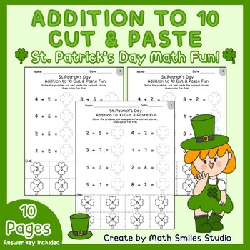 St. Patrick’s Day Addition to 10 Cut & Paste Worksheets | Math Craft Activity