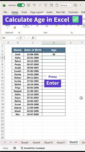 Calculate Age in Excel ✅ #excel#exceltutorial #excelformula#exceltraining#exceltricksandtips