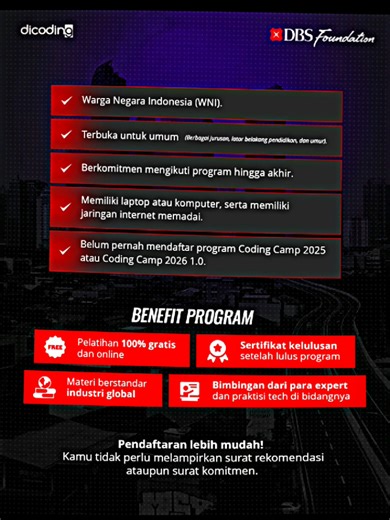 Beasiswa yang kamu tunggu datang kembali.👀 ✨Coding Camp 2026 2.0 powered by DBS Foundation RESMI DIBUKA✨ Berbeda dari yang sebelumnya, program ini hadir khusus untuk menjawab keterbatasan para peserta di program sebelumnya. Dengan format belajar self-paced learning yang: ✅Lebih flexible ✅Lebih inklusif terbuka untuk umum ✅Lebih cepat bantu kamu bangun skill sesuai standar industri Tersedia empat Hard Skill Courses yang relevan dengan kebutuhan industri saat ini: 🧠[NEW] Gen AI 🤖 AI Engineer 🔢