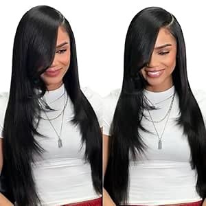 Synthetic Lace Front Wig 13x6 HD Glueless Lace Frontal Wig Pre Plucked Hairline with Baby Hair Long Yaki Straight Layered Lace Wigs for Black Women Daily Use (Natural Black, 24 Inch)