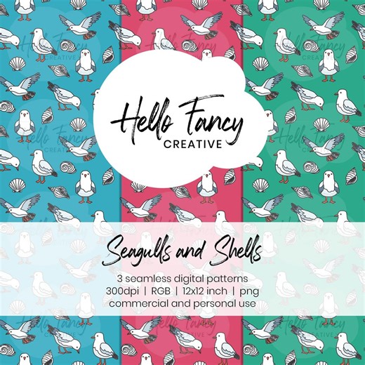 Bright Seagull & Seashell Pattern – Bold Coastal Beach Design – Vibrant Seaside Fabric Digital File - Etsy