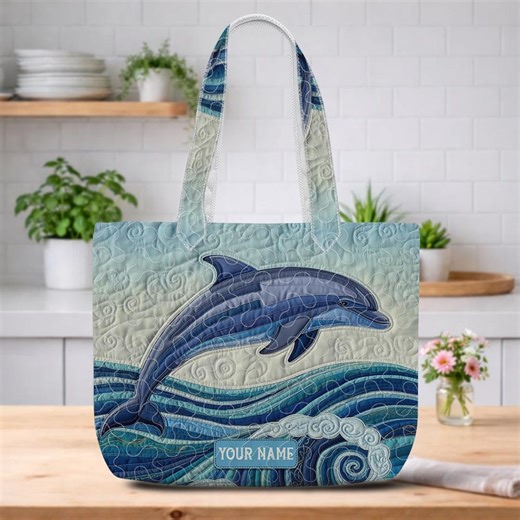 Personalized Sea Dolphin Quilt Tote Bag Ocean Waves Quilted Patchwork Vintage Coastal Marine Life Summer Travel Shopping Bag TD-0328-MS8Y - Etsy