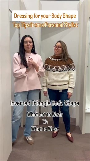 Francesca Allen | Stylist | Colour Analysis | Outfit Ideas on Instagram: "Dressing for the Inverted Triangle Body Shape. ✨ Typically wider on the top half, particularly around the shoulders and bust with slimmer hips and legs. Here’s a example of what NOT to wear vs what to wear for your shape. Remember ladies, there is nothing wrong with you or your figure. You just need the right styles to work with your shape. Follow along for more Body Shapes! Comment BODY to receive a link to my digital bod