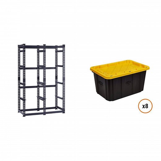10-Tote Metal Storage Rack (50 in. W x 78 in. H x 24 in. D) and 27 Gal. Black/Yellow Tough Storage Tote (8-Count) Combo - The Home Depot