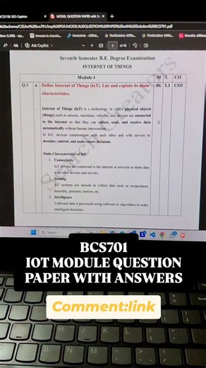 Hanumanthu on Instagram: "🔥 BCS701 IoT – MODEL QUESTION PAPER WITH SOLUTIONS 🔥 📘 VTU 7th Semester | CBCS | Exam-Oriented 💯 ⏰ BCS701 IoT Exam Date: 06/02/2026 VTU students 📢 exams are very near! Prepare smart and score up to 70–90 marks 🚀 We’ve prepared a BCS701 Internet of Things Model Question Paper with full solutions, strictly based on VTU exam patterns & repeated questions ✅ ✨ What you’ll get: ✔️ VTU-style Model Question Paper ✔️ Easy & exam-friendly solutions ✔️ 4 / 6 / 8 / 10 marks q