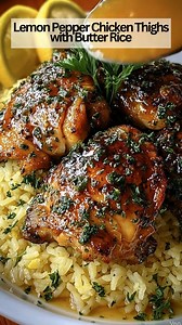 🍋 Imagine chicken sizzling with bright lemon and crackling golden skin? Butter-kissed rice soaks up every citrusy, peppery drop. An easy, comforting dinner bursting with sunny flavor. Ingredients (4–6 servings): • 6 bone-in, skin-on chicken thighs • 2 tbsp olive oil • 2 tsp lemon pepper seasoning • 1 tsp garlic powder • 0.5 tsp paprika • Salt, to taste • Lemon slices (optional, for garnish) • 1.5 cups long-grain white rice • 3 cups chicken broth (or water) • 3 tbsp butter • Salt, to taste • Fre