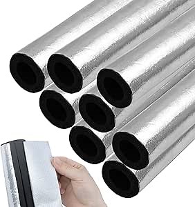 8PCS Pipe Insulation Foam Tube Self Adhesive Exterior Water Pipe Insulation Cover Wrap Aluminum Foil Freeze Protection for Outside Outdoor Winter Irrigation Sprinkler Spigot Isolation 1.3Ft*0.6Inch
