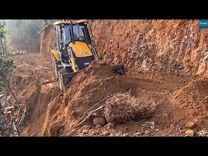 Narrow Mountain Road Leveling and Cutting Slope with JCB Backhoe