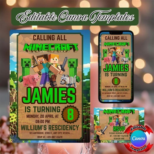 Minecraft Birthday Invitation Template, Gamer Party Card, Editable Canva, Pixel Block Game Theme, Printable Kids Invite, Instant Download - Etsy
