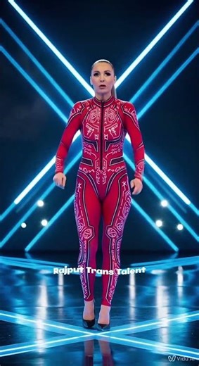 Stunning Woman in Red Alien Rune Bodysuit Dominates Neon X Stage – Sci-Fi Talent Show Queen 2025