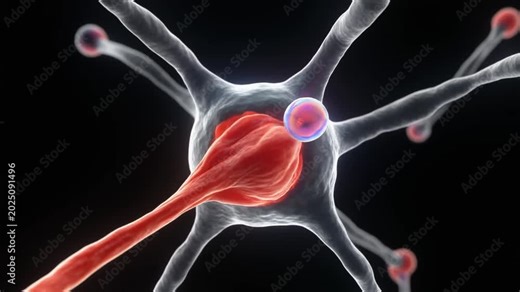 Close-up neuronal synapse animation with pulsating vesicles releasing neurotransmitters, representing neural communication and brain activity
